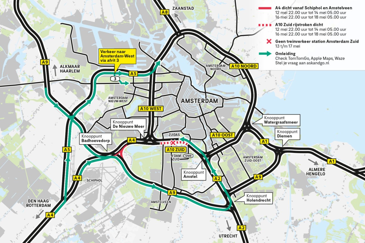 Omleidingsroutes voor het autoverkeer op de A4 en A10 Zuid van 12 - 18 mei