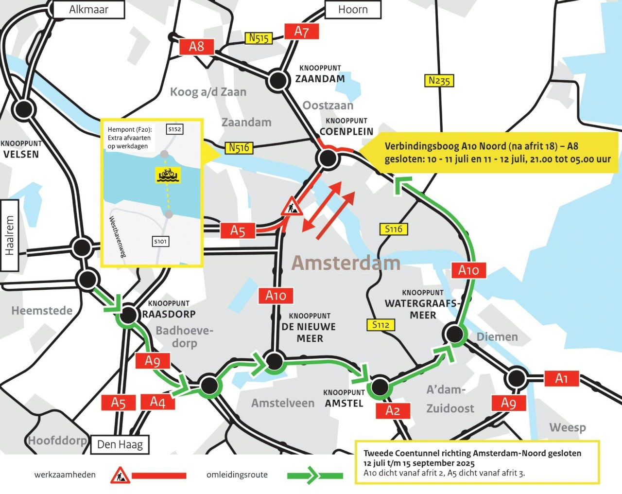 Kaart met de afsluiting van de Coentunnel, nachtsluitingen van de A8 en omleidingen