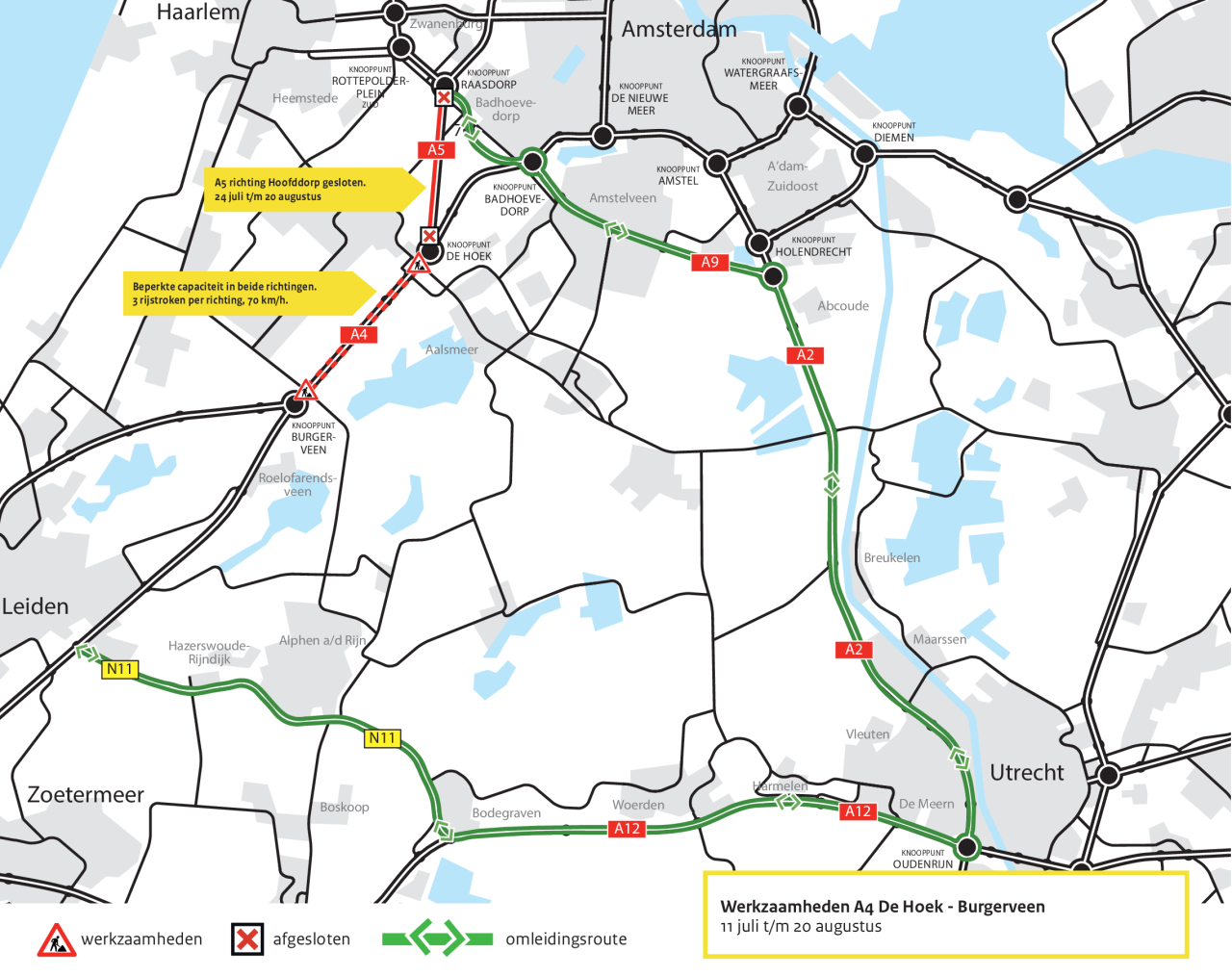 Kaart met de werkzaamheden, afsluitingen en omleidingsroute