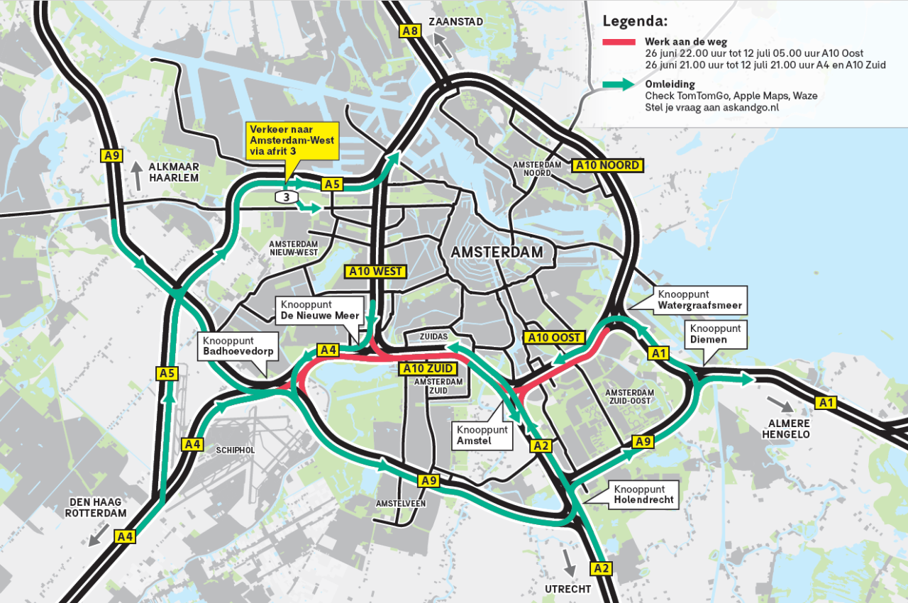 Op deze kaart van Amsterdam zie je de werkzaamheden en de omleidingen voor het verkeer
