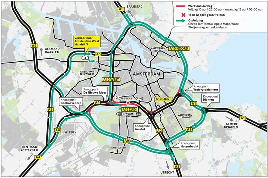 A10 Zuid afsluitingen en omleidingen