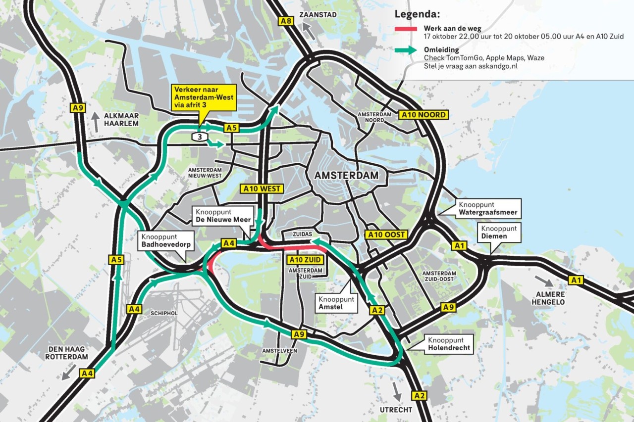 Overzichtskaart van Amsterdam met de afsluiting en omleidingsroutes