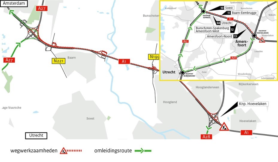 Omleidingsroute A1 Amersfoort richting Amsterdam